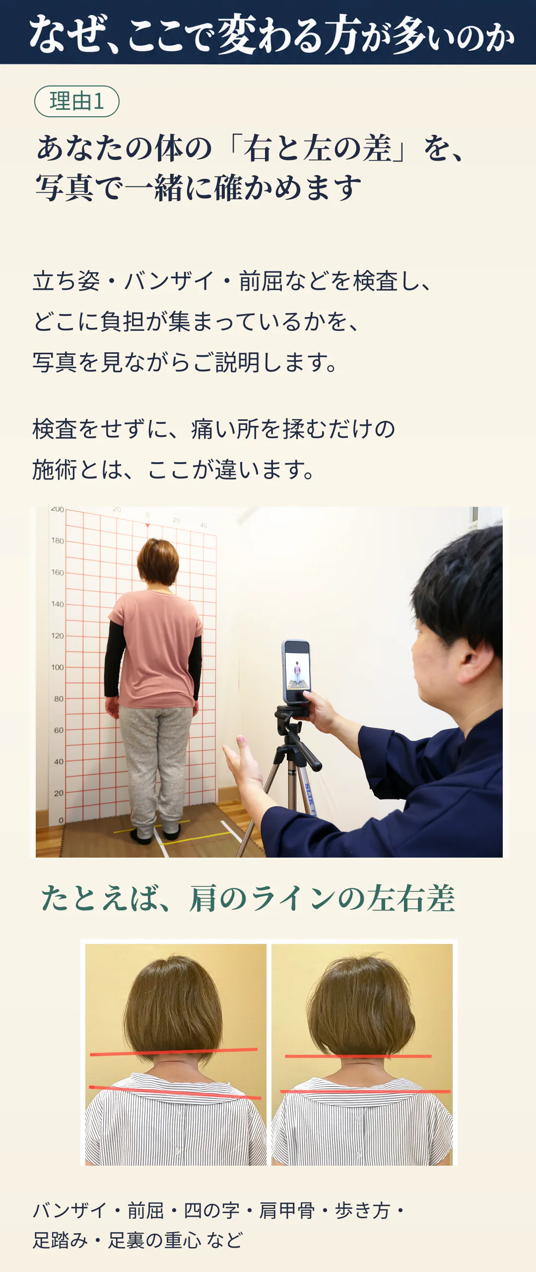 なぜ、ここで変わる方が多いのか。理由1 あなたの体の「右と左の差」を、写真で一緒に確かめます。立ち姿・バンザイ・前屈などを検査し、どこに負担が集まっているかを、写真を見ながらご説明します。検査をせずに、痛い所を揉むだけの施術とは、ここが違います。たとえば、肩のラインの左右差。バンザイ・前屈・四の字・肩甲骨・歩き方・足踏み・足裏の重心 など。