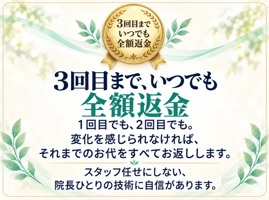 3回目まで、いつでも全額返金。1回目でも、2回目でも。変化を感じられなければ、それまでのお代をすべてお返しします。スタッフ任せにしない、院長ひとりの技術に自信があります。