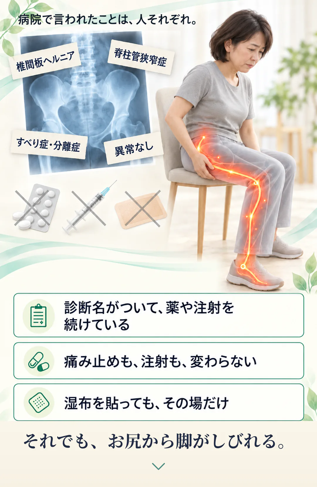 病院で言われたことは、人それぞれ。椎間板ヘルニア、脊柱管狭窄症、すべり症・分離症、異常なし。診断名がついて、薬や注射を続けている。痛み止めも、注射も、変わらない。湿布を貼っても、その場だけ。それでも、お尻から脚がしびれる。